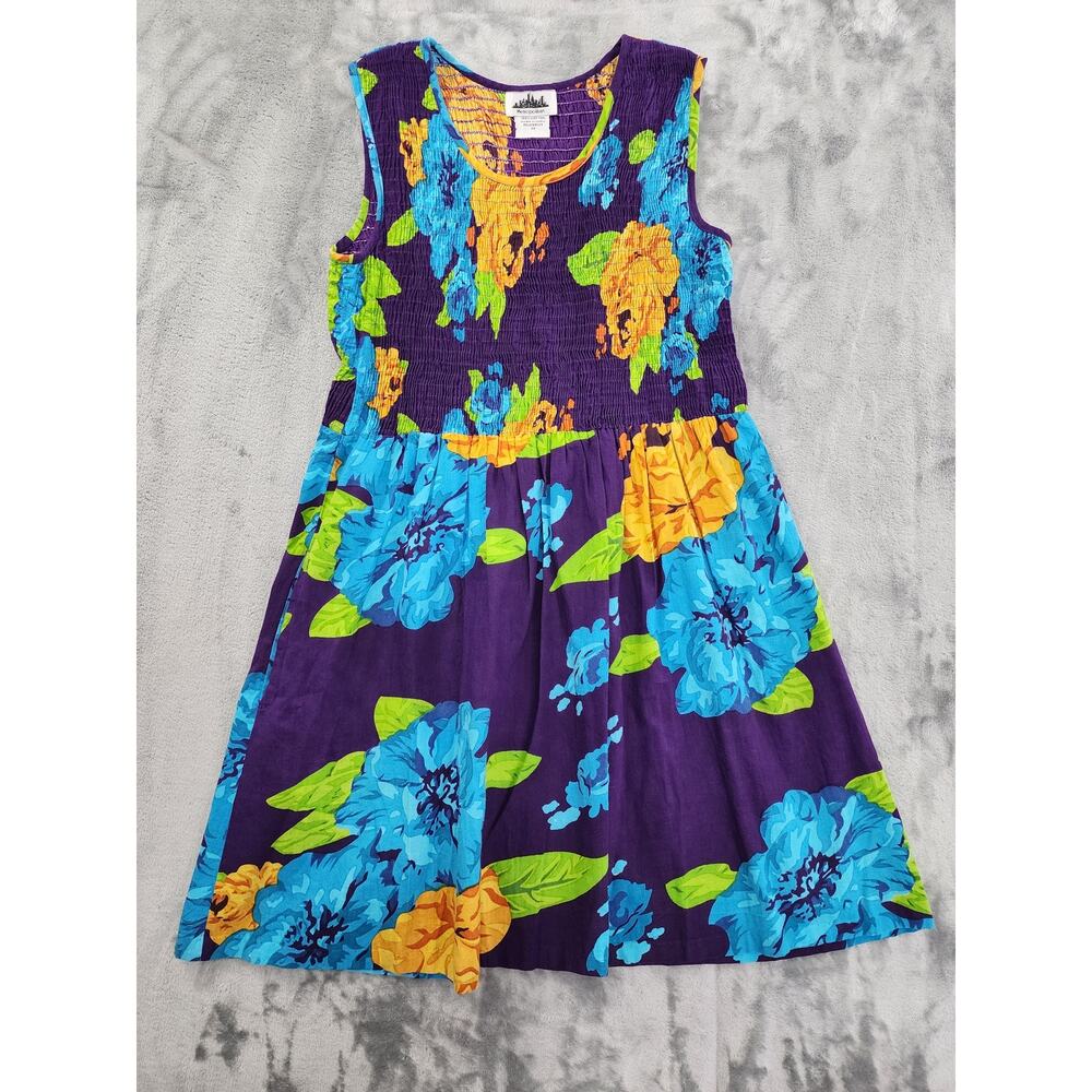 Vintage Metropolitan Floral Sleeveless Smocked Dress Size‎ M Purple Blue Yellow